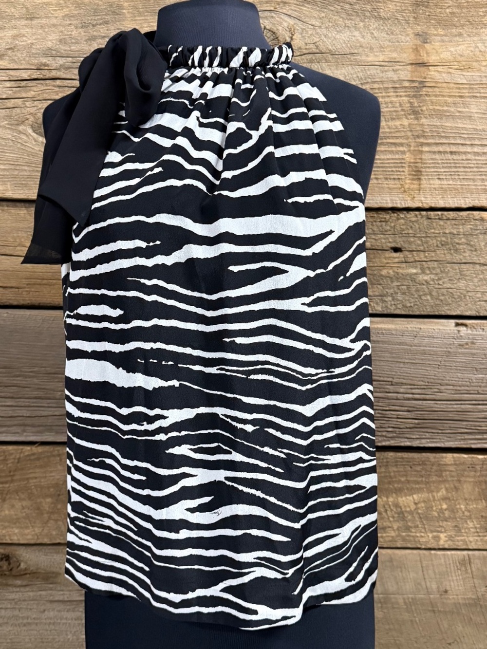 NWT Trina Turk Katsura top, Black and white zebra stripe, scarf neckline, XS